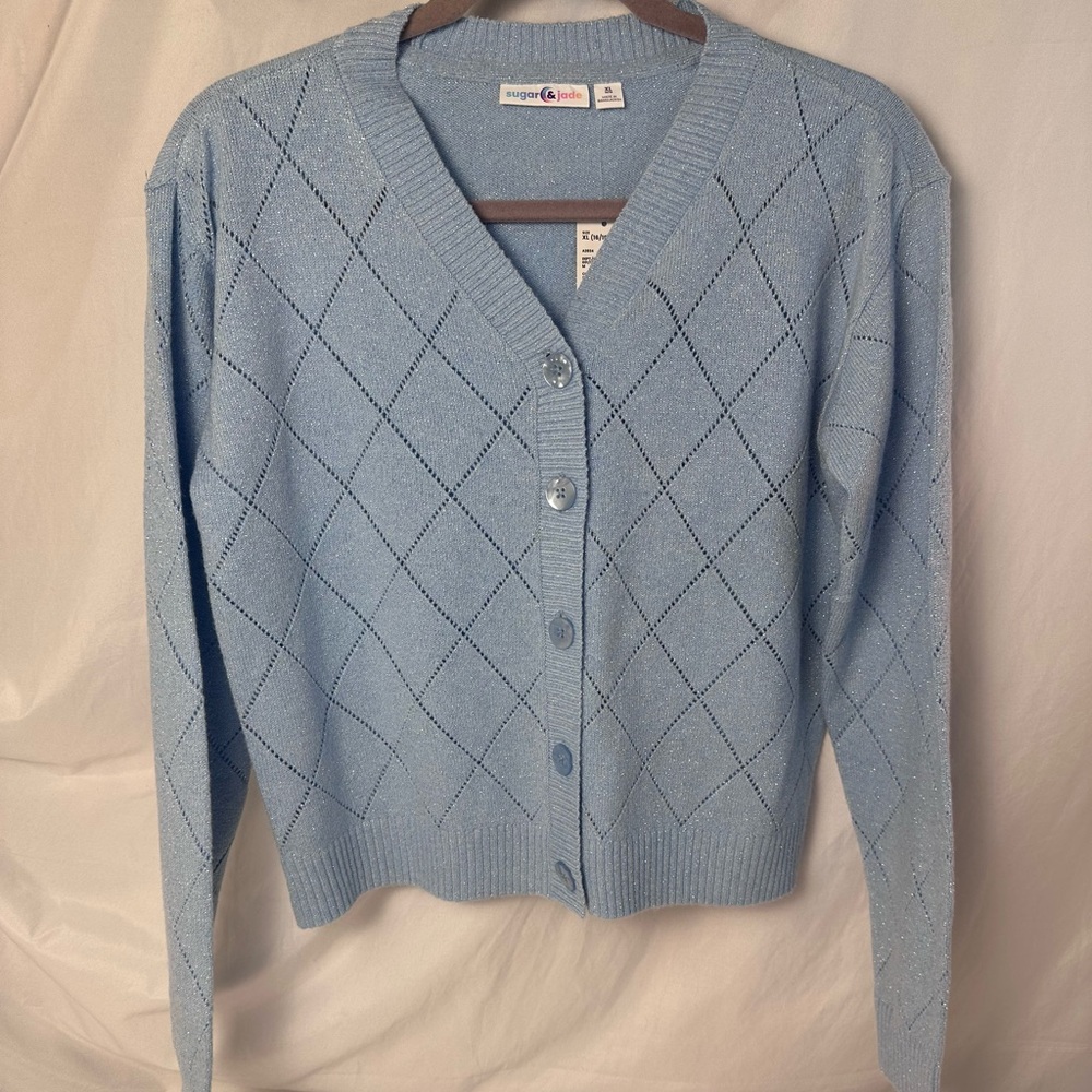Sugar and Jade Girls XL Sparkling Baby Blue Button-Up Sweater with Pockets – NWT